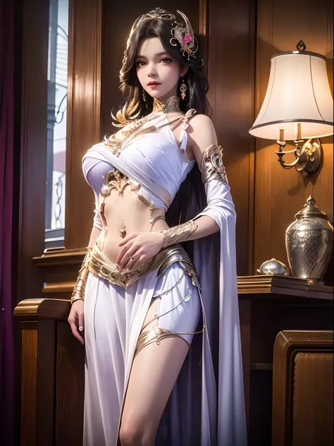 A young woman, Dressed in a flowing white dress, Long black hair ran down her back. She wears a headdress decorated with precious stones, White lace wrapped around her abdomen, expose bare belly. She sits gracefully in the bustling city, In front of the bl...