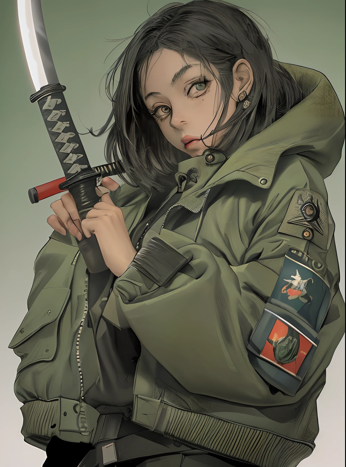 Half body shot in a dynamic, action pose. Cool, beautiful, youthful and sexy 20 year old woman wearing an army green bomber jacket holding a katana high, her head tilted slightly upwards, hair is graying white in a bob cut, midrib exposed. Cinematic composition. Jacket with cool embroidery from western pop culture. Shot on 70mm lens. Illustration for urban fantasy. Background should have red.