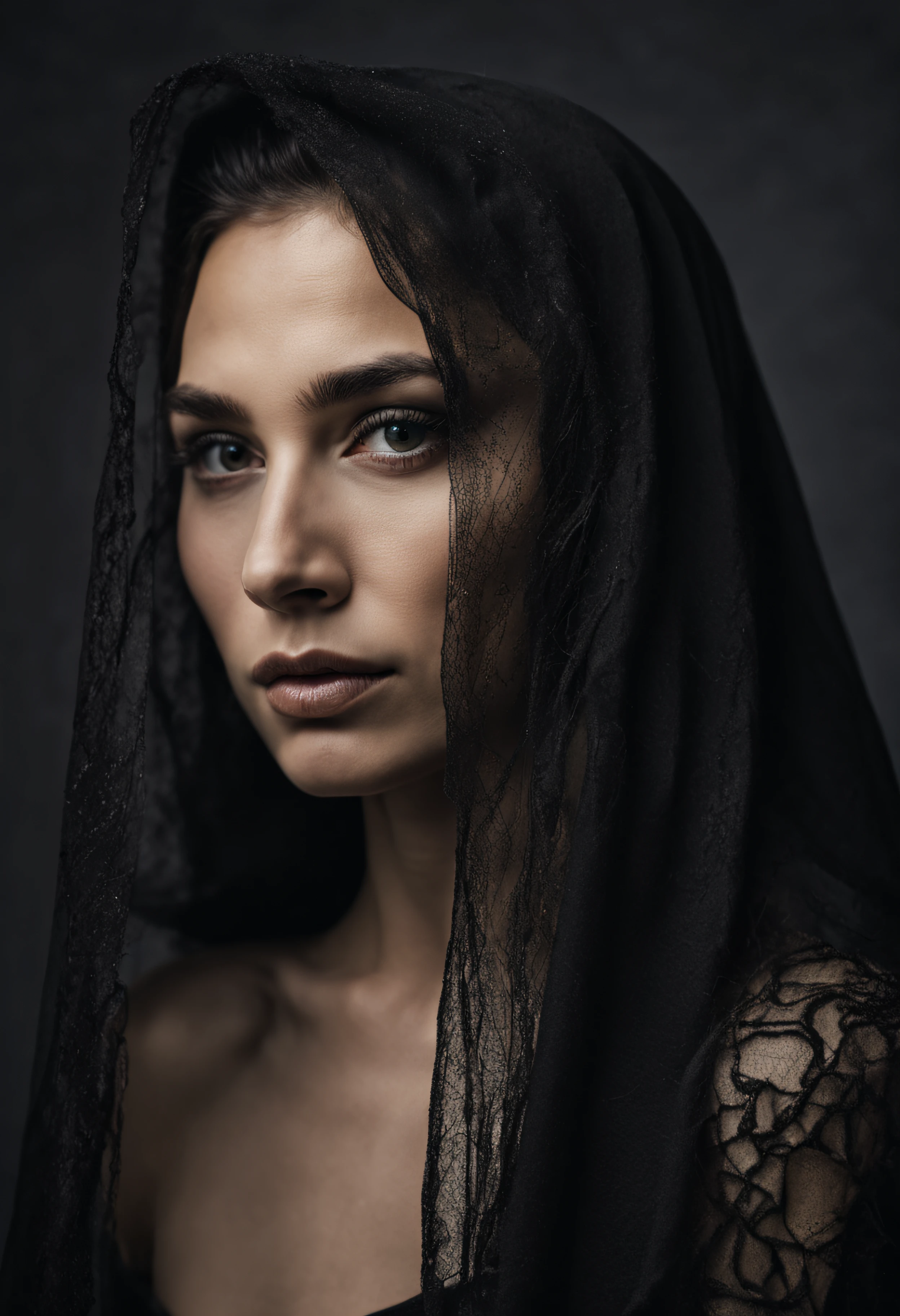 Photographie de portrait en gros plan professionnel d’un beau visage de femme avec un voile noir sur la tête Nikon Z9 | Aspect dramatique sombre d’Halloween