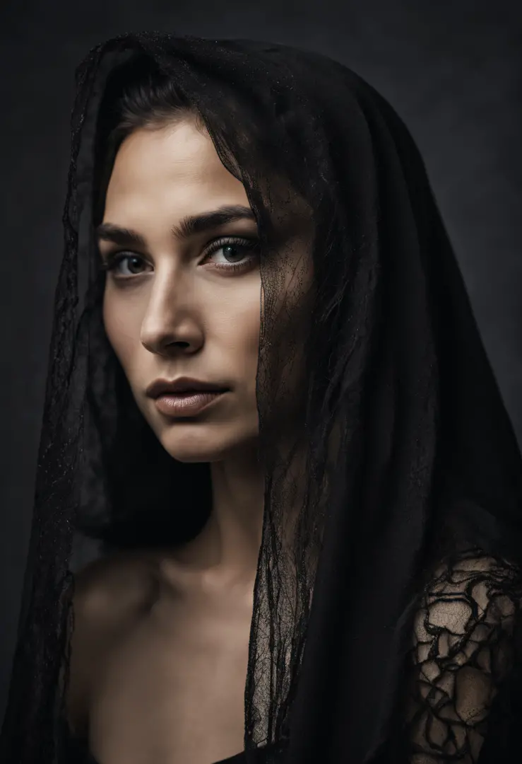 Professional close-up portrait photograph of a beautiful woman's face with black veil over her head Nikon Z9 | Dramatic Dark Hal...