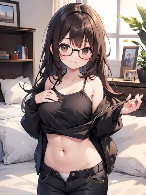 1 female、brown haired、Brown eyes、Black-rimmed glasses、seductive boobs、gorgeous faces、Perfect body。Best Quality、ultra-detailliert、8K resolution、Raw photo、masutepiece。Bedrooms。camisole、shortpants。a smile。