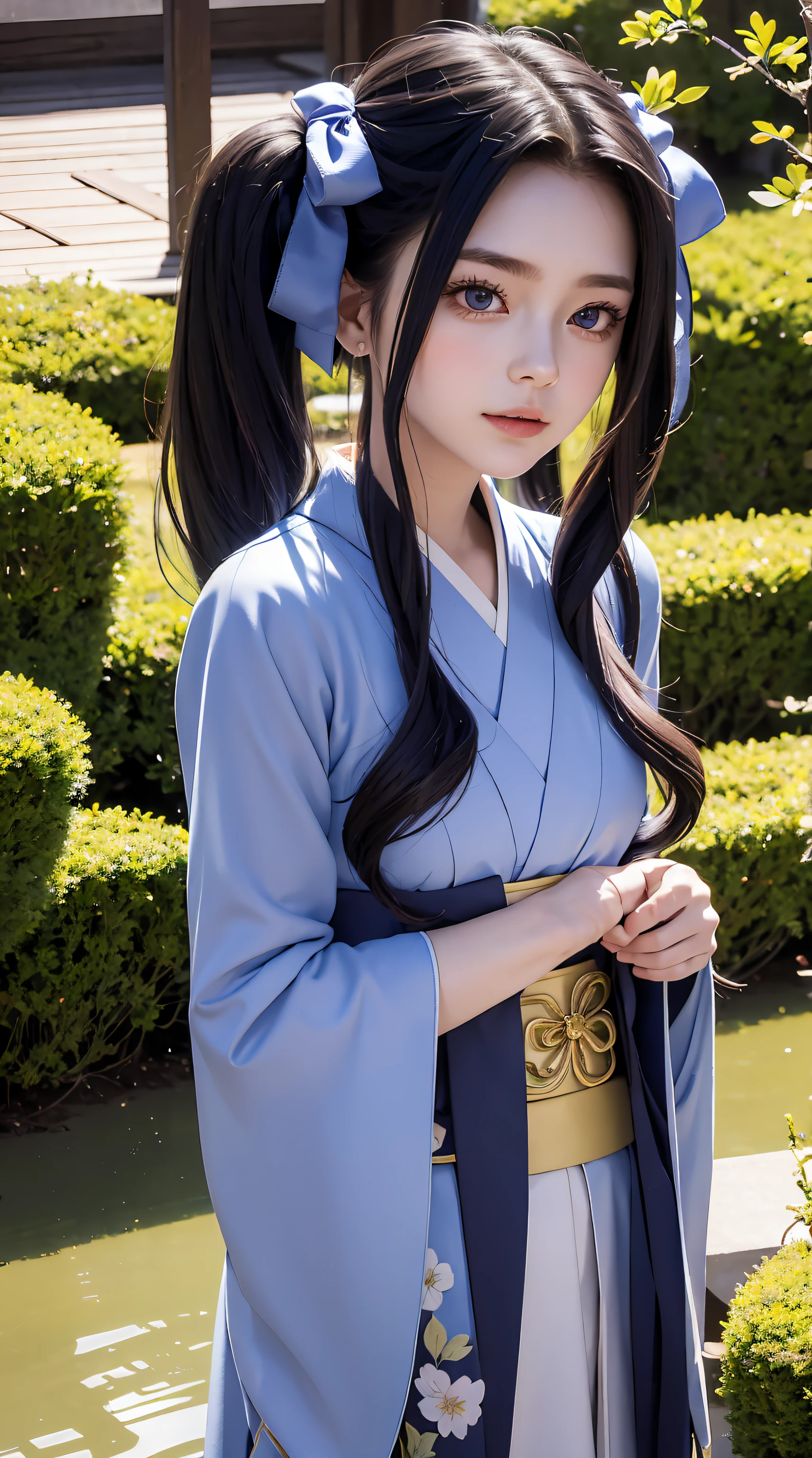 melty, 1girl, blue eyes, small breasts, eyes visible through hair, hair intakes, bangs, purple hair, bangs, forehead, very long hair, twintails, parted bangs, hair bow, hair ribbon, hair in a bun, beautiful, beautiful woman, perfect body, perfect breasts, wearing a kimono, wearing earrings, wearing a watch, being in the garden, cherry trees, traditional Japanese house, looking at the viewer, a slight smile, realism, masterpiece, textured leather, super detailed, high detail, high quality, quality best, 1080p, 16k