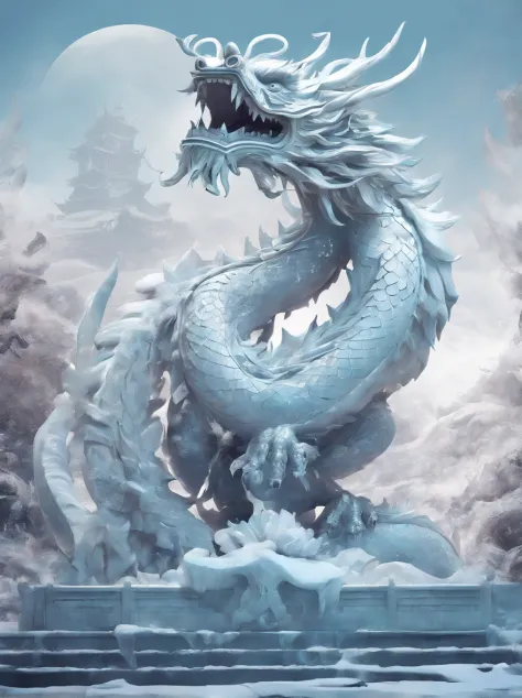 tmasterpiece、(ice - carving:1)、Circling Chinese dragon、number art、Interior light and shadow、simply white background、mist、Long wavy body、fanciful、ventania、chinese dragon concept art,、high high quality、The is very detailed、tmasterpiece、Epic ice sculptures