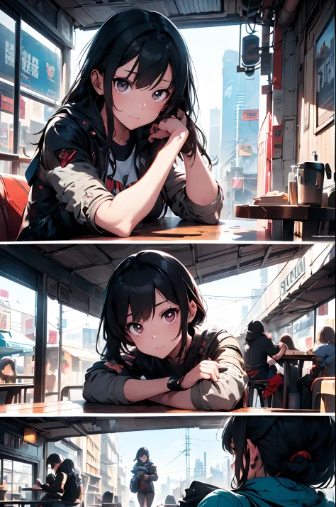 comic illustration, cyberpunk 2077, comicpanels, INFJ girl (introspective and quiet) sitting alone in a café, engrossed in a book. Best quality, intricate details, clean lines, eye-catching composition, anime realism, ample headroom, dynamic pose, third ru...
