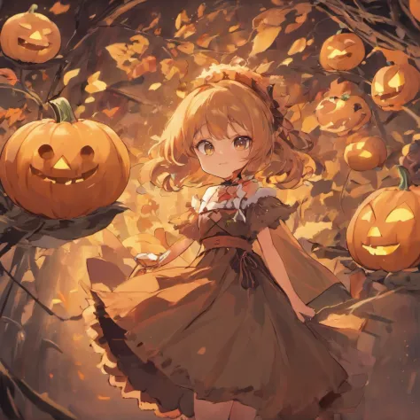 Close up of a cartoon character with pumpkin and a girl, small curvaceous loli, 🍁 Cute, small loli girl, 🍂 Cute, lovely dark autumn princess, pale young ghost girl, anime moe art style, halloween art style, witch clothes, in a halloween style, gothic maide...