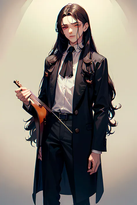 a young male vampire with long, wavy hair solemnly plays his violin. He has an oval-shaped face and large red eyes that are slig...
