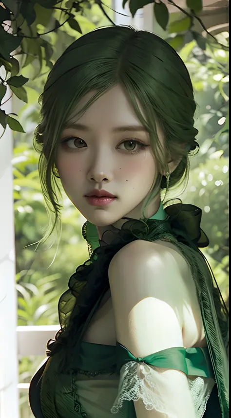 Green hair, green dress, green theme, green background