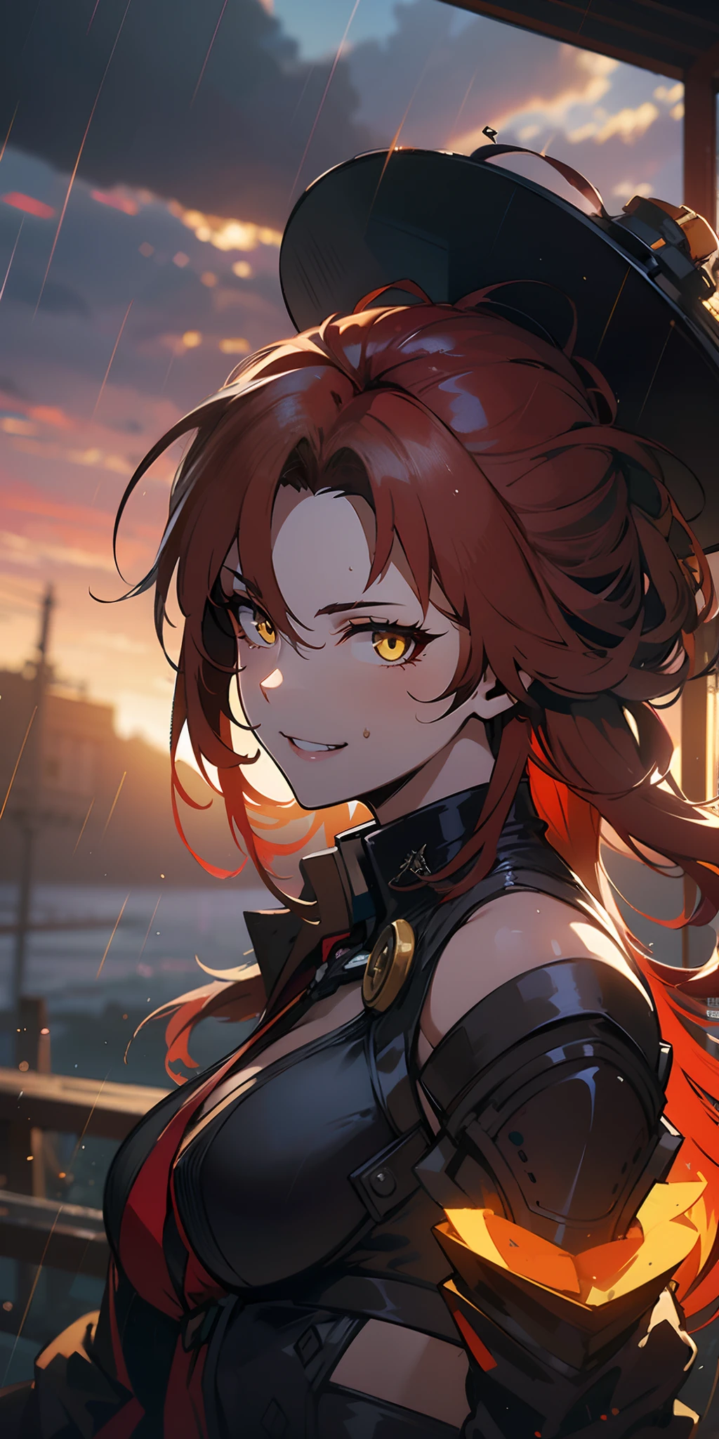 murata_himeko, (red hair, long hair:1.6), yellow eyes, sweating, glowing eyes, heavy breathing, epic art, fantasy art, , 1girl,rain, solo, looking_at_viewer, outdoors, cloud, lips, water_drop, blurry, sky, cloudy_sky, depth_of_field, upper_body, glow effects, godrays, Hand drawn, render, 8k, octane render, cinema 4d, blender, dark, atmospheric 4k ultra detailed, cinematic, Sharp focus, big depth of field, Masterpiece, colors, 3d octane render, 4k, concept art, trending on artstation, hyperrealistic, Vivid colors, extremely detailed CG unity 8k wallpaper, trending on CGSociety, Intricate, High Detail, dramatic,