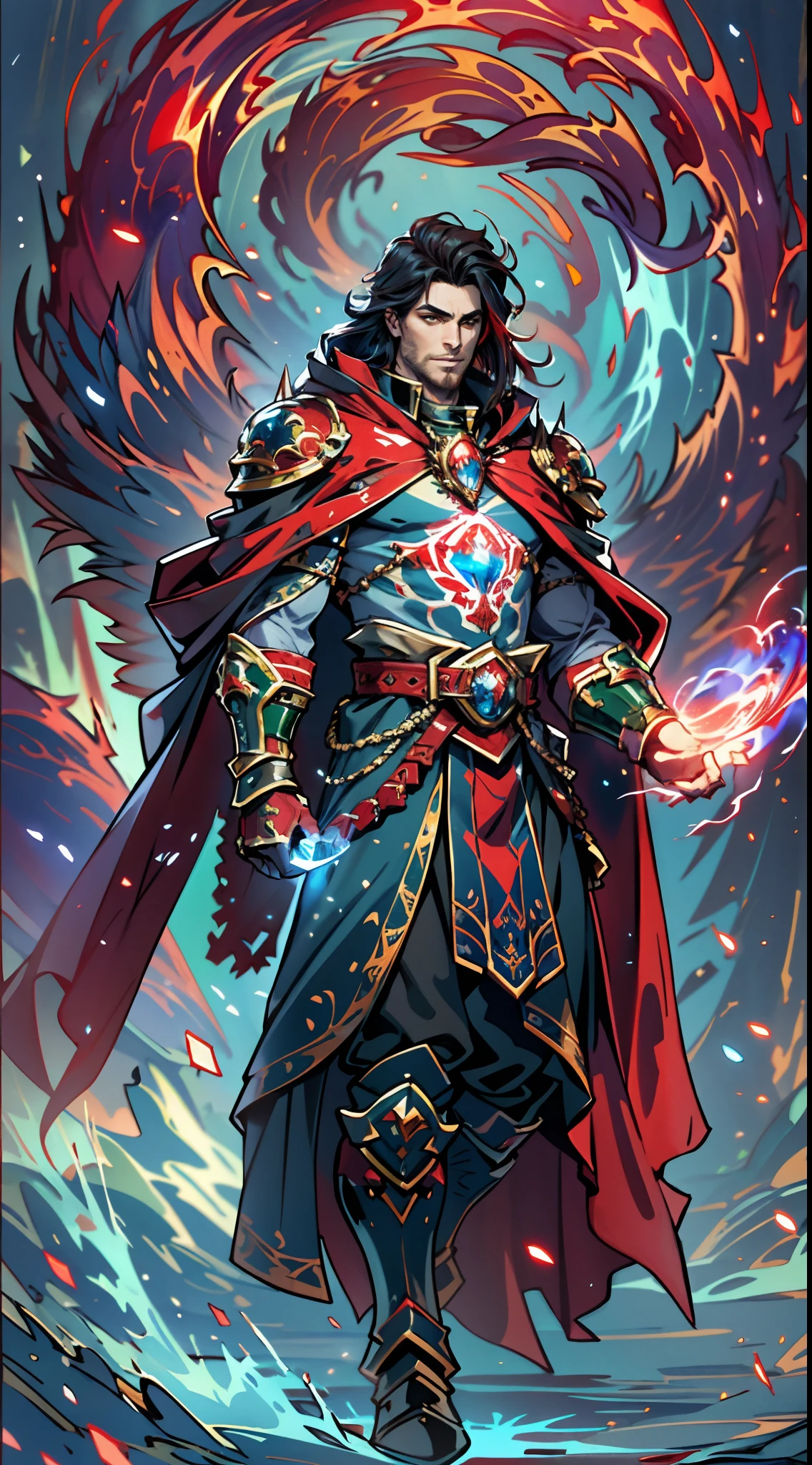 A man with long reddish-brown hair, wearing a red headband, an Eastern European face, deep and confident eyes, a confident smile, a red elongated totem mark on his face, a tall and strong physique, he wears a fantasy-style overlord attire, a blue-gold thick breastplate, a black tight-fitting undershirt, a massive cloak with heavy metal decorations, that cloak covers most of his body, thick red and blue heavy gauntlets, a metal belt with a thick long skirt-like hem, black pants, metal leg guards that match the gauntlets, he steps on the space with an awe-inspiring presence, red and blue and green energy surrounds him, red and blue and green Power surrounds him, white frost swirls around him, blue ice around him, red fire around him, purple Lightning around him, this character embodies a finely crafted fantasy-style overlord in anime style, characterized by an exquisite and mature manga illustration art style, high definition, best quality, highres, ultra-detailed, ultra-fine painting, extremely delicate, professional, anatomically correct, symmetrical face, extremely detailed eyes and face, high quality eyes, creativity, RAW photo, UHD, 8k, Natural light, cinematic lighting, masterpiece:1.5
