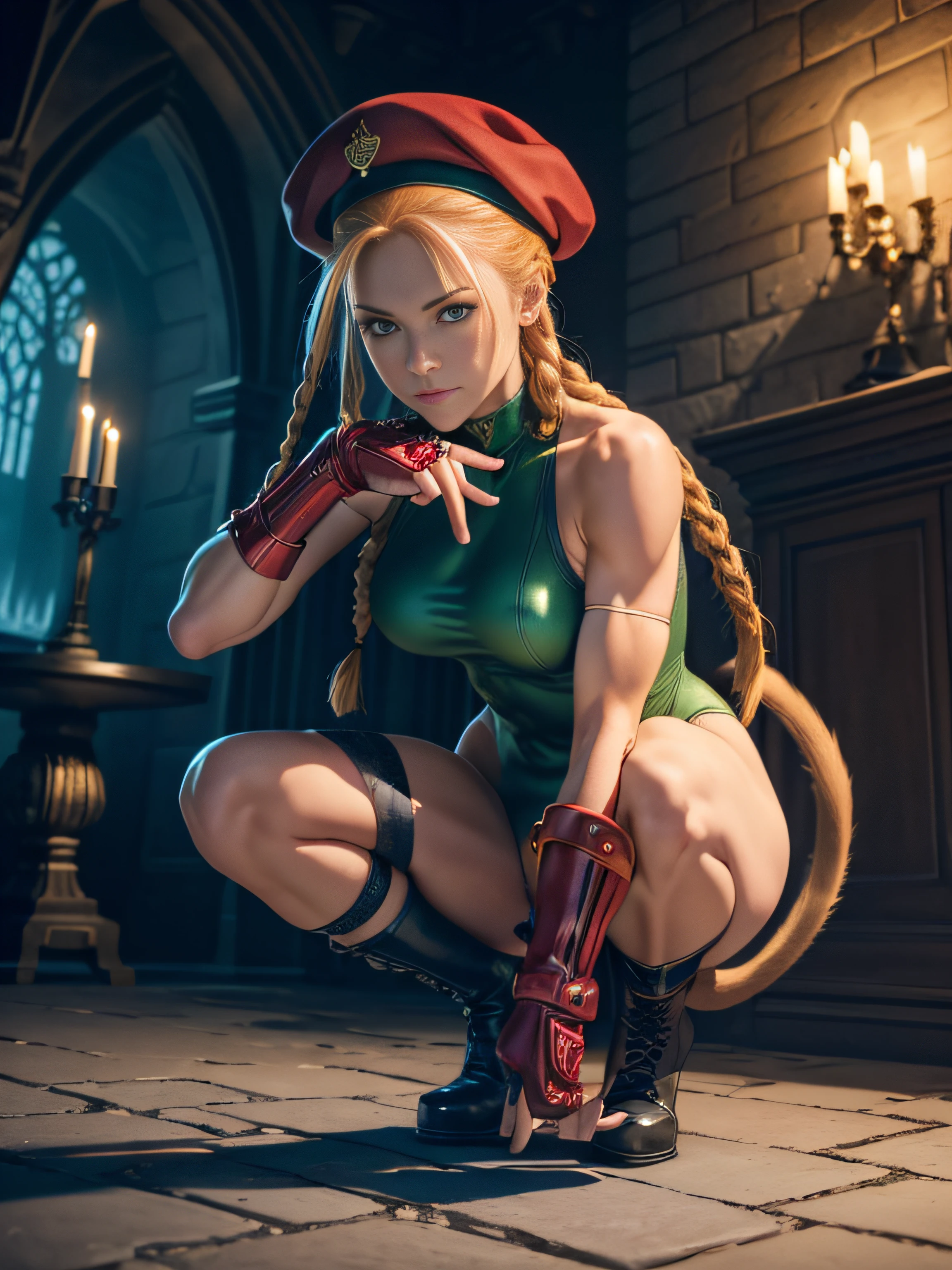 "(exquisitely detailed CG unity 8k wallpaper, masterpiece-quality with stunning realism), (best illumination, best shadow), (best quality), (elegant and demonic style:1.2), Arti modern anime. angled view, heroic pose, closeup full body portrait of stunningly beautiful mature cammy from street fighter, Masterpiece, best quality, highres, , Cammy white, twin braids, long hair, blonde hair, antenna hair, beret, (red headwear:1.3), blue eyes, scar on cheek, green tight leotard, large breasts, sleeveless, red gloves, fingerless gloves, camouflage, hard , large ass, abs, a little muscular, revealing, depth of field blur effect, night, full zoom, action portrait, photorealistic. cinematic lighting, highly detailed. best quality, 4k, Better hand, perfect anatomy, leaning forward, foreshortening effects, coy flirty sexy expression, foreshortening effect, (piercing eyes:0.8), surrounded by an ominous and dark atmosphere, accentuated by dramatic and striking lighting, imbued with a sense of surreal fantasy". (patting a small cat:1.5) wearing laced military boots:1.5), (inside an extravagant British castle at night:1.5) (happy and smiling:1)(crouching down:1)