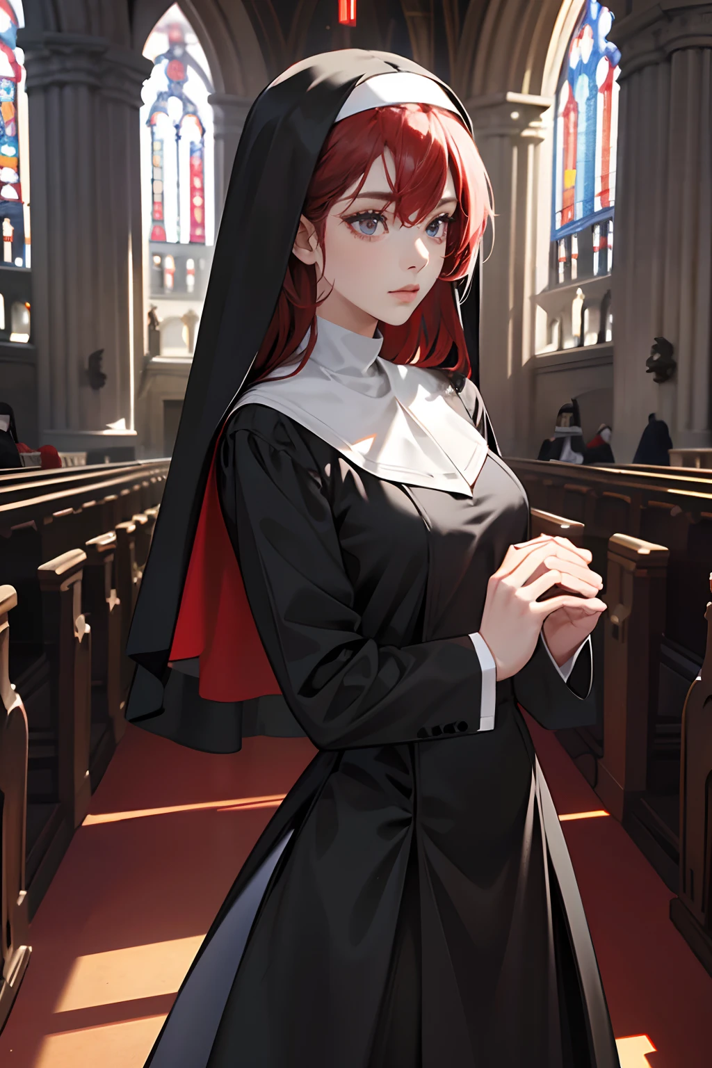 Anime character dressed in nun outfit standing in church with red hair -  SeaArt AI