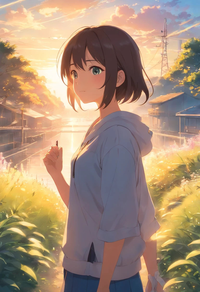 masterpiece, Best Quality, still film, 1 woman, circle, cloud, floating in the sky, foreground, bright, happy, soft warm lighting, sunset (sparks: 0,7)