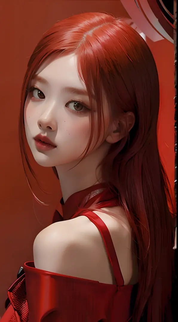 Red hair, red dress, red theme, red background