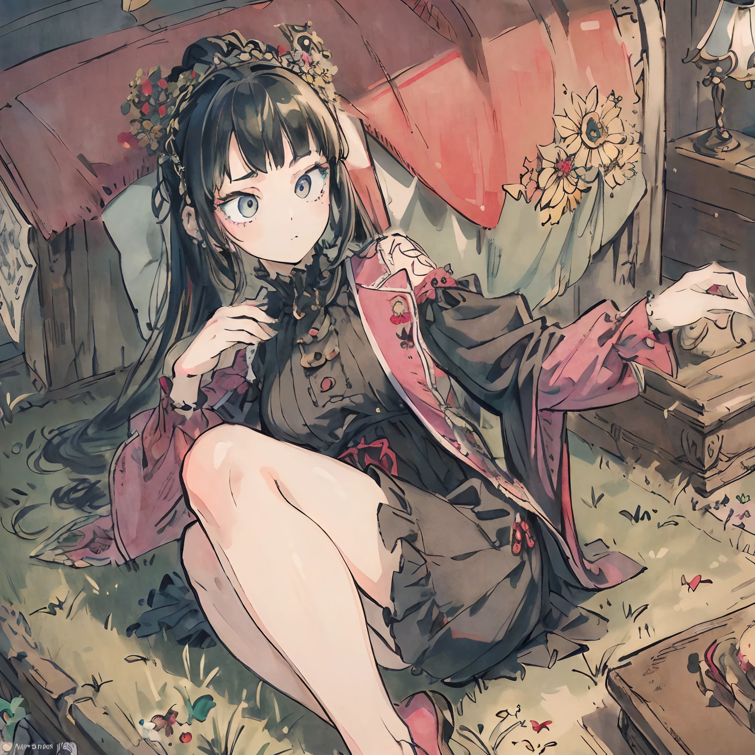 (best quality,4k,8k,highres,masterpiece:1.2),ultra-detailed,(realistic,photorealistic,photo-realistic:1.37), bright colors,lively, vibrant, anime franken girl, gothic style,expressionless, stitches, sharp focus, looking at camera, flowers, coffin, Frankenstein, full body, stiff pose, zombie