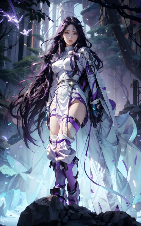 a close up of a person standing on a rock with a purple hair, full body white purple cloak, misato katsuragi, official character...