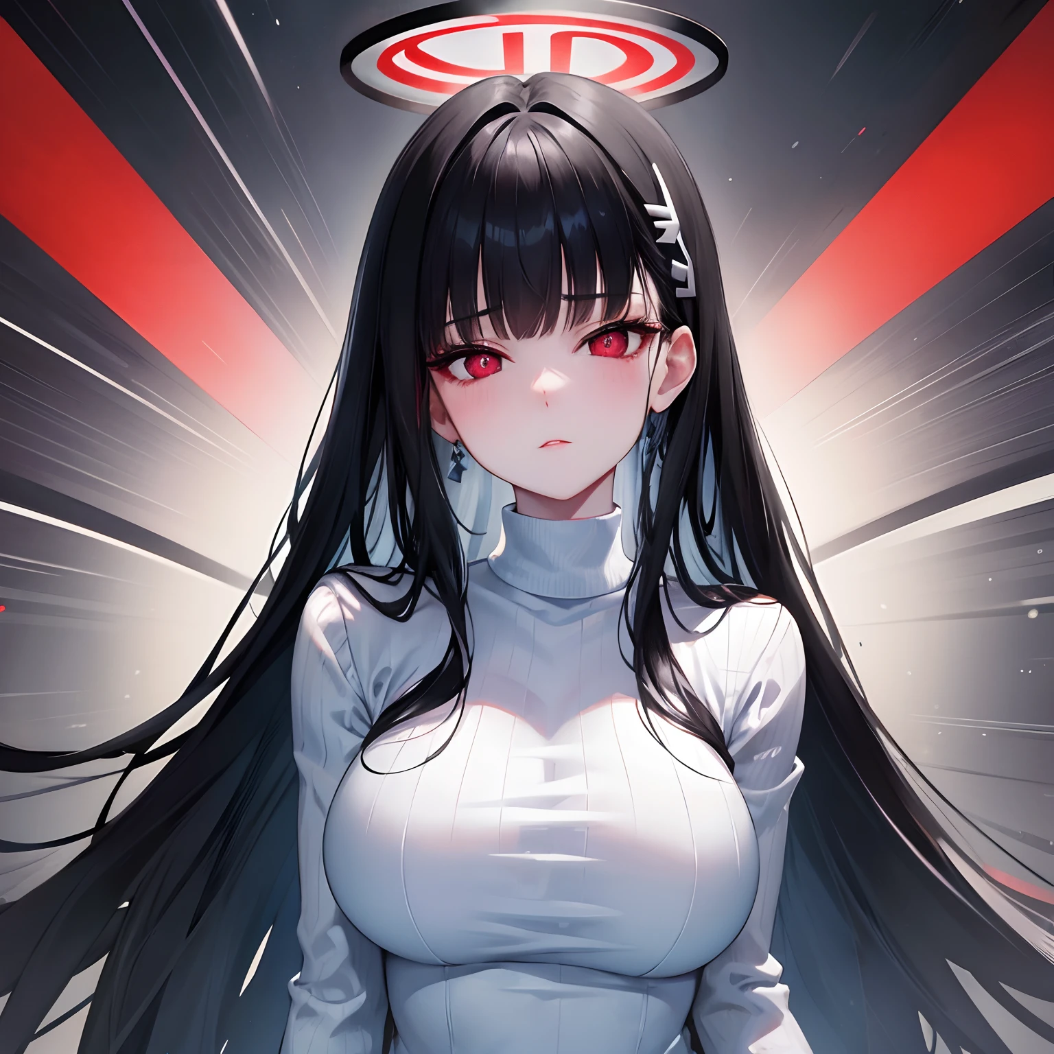 Rio, blue archive, black hair, halo halo, red eyes, face focus, mature female, large breast, head focus,white sweater, black suit