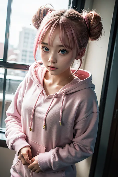 detailed Blue eyes, eighteen year old anime girl, wearing a pastel pink hoodie, cute anime girl, pink hair, 2 buns, pink sweatpa...