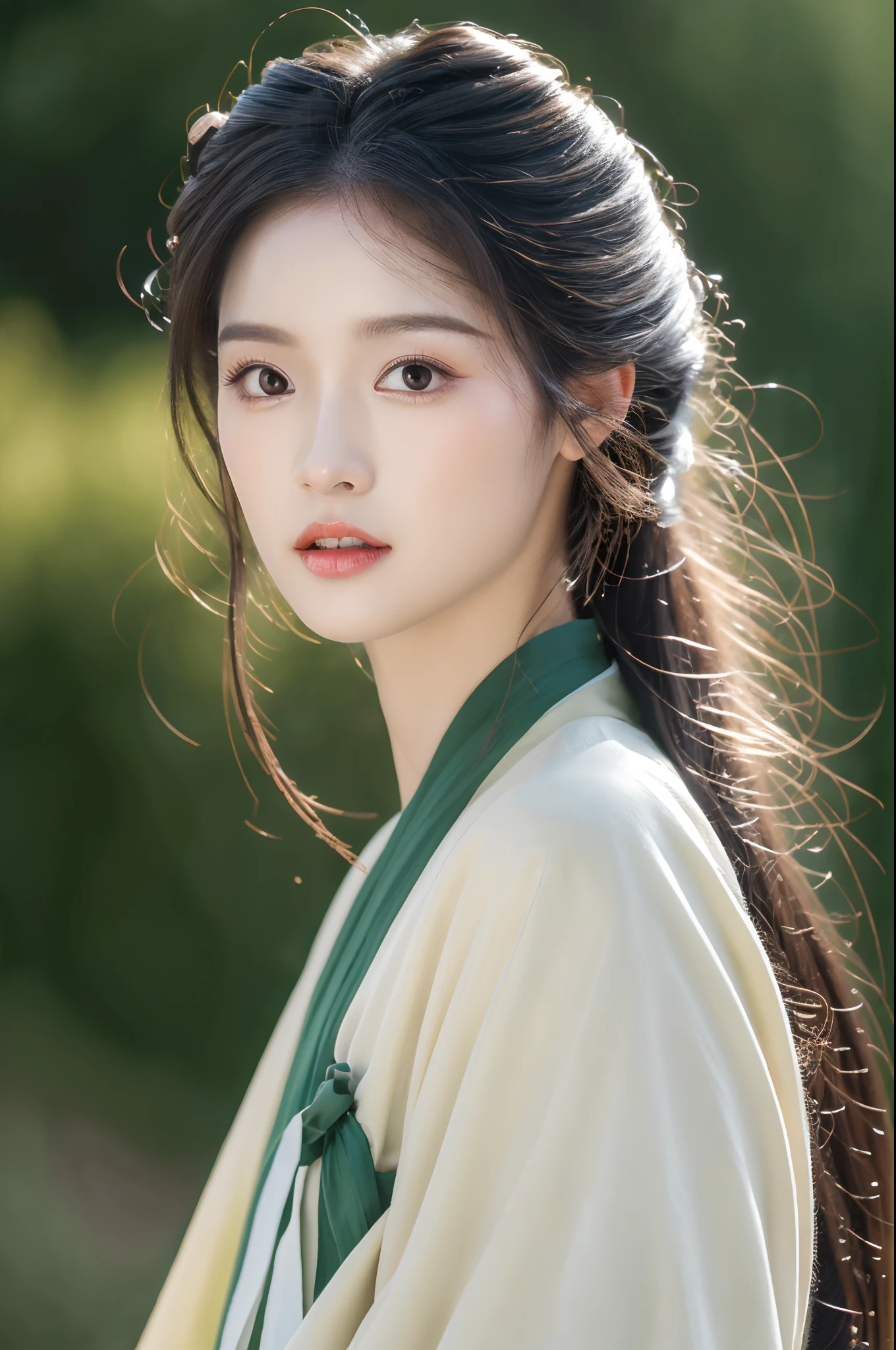 hentail realism，（tmasterpiece，top Quority，best qualtiy），（1 girl solo：1.3，facial closeups，The upper part of the body）， （Gentle eyes），（Green embroidered hanfu，Tulle streamers），（Hairpins，cabelos preto e longos），（Green Hanfu），Light pink lips，（年轻），ear jewelry，(Clear facial features，detailed skin textures，beauitful face，Facial highlights，Above the waist）， standing on your feet，slimfigure，8K  UHD，Slr，softlighting，High picture quality，A high resolution，（Very detailed CG unity 8K wallpaper）