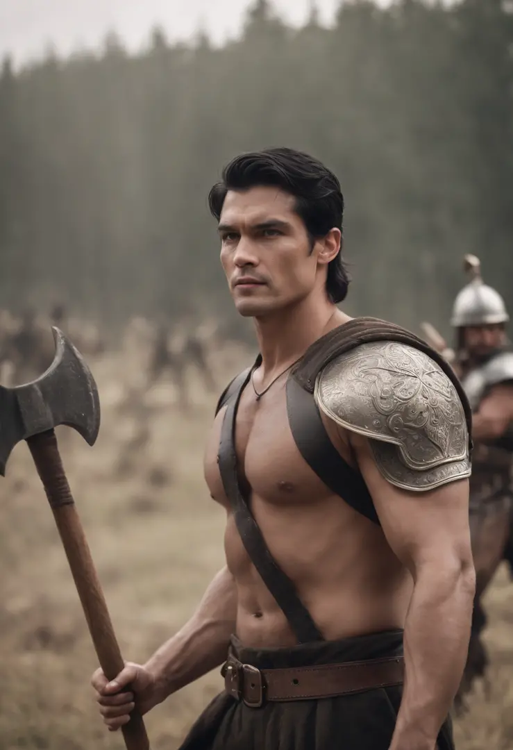 Tall muscular guy with black hair holding his pole axe and leading his army for the charge