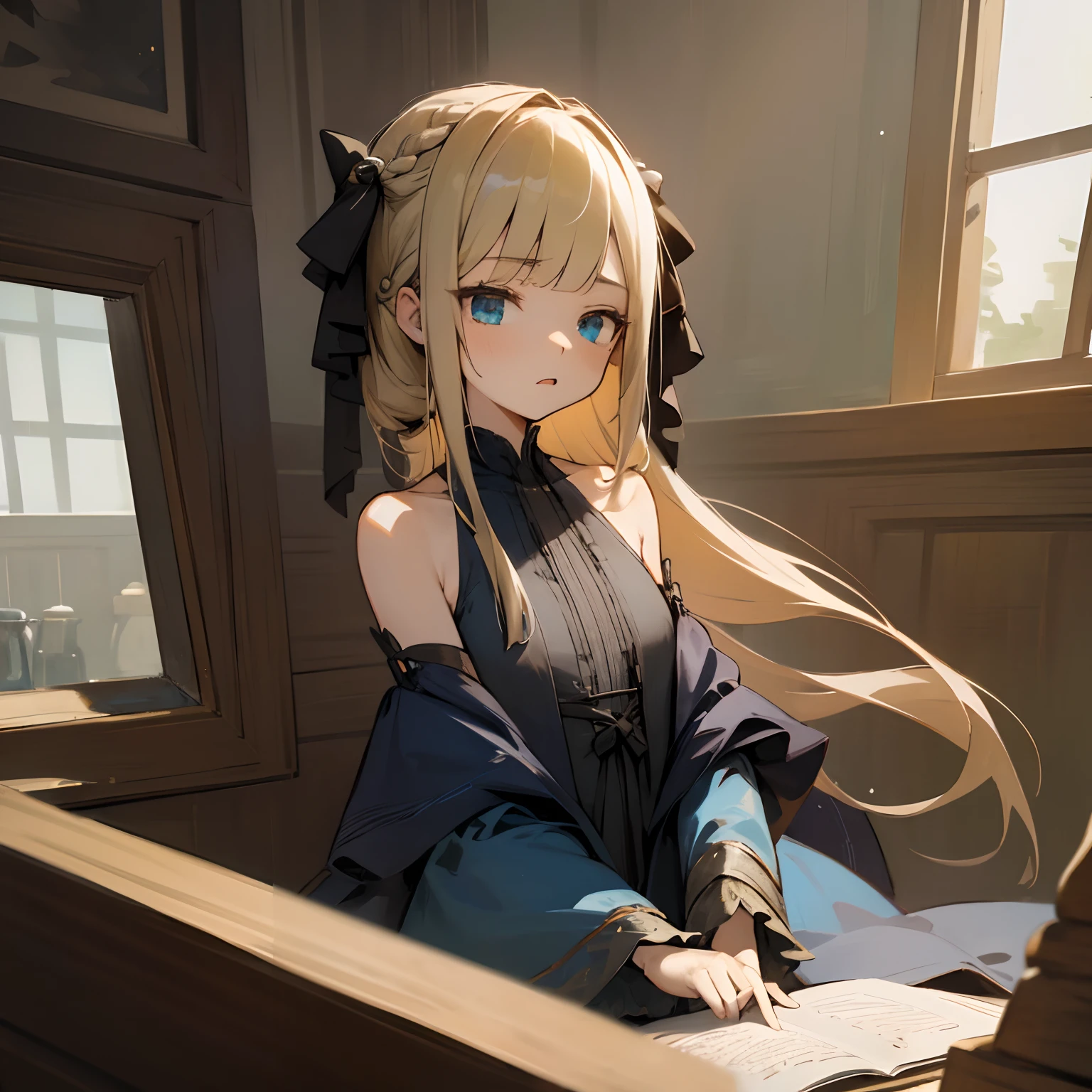 Reines, 1girl, high quality, best quality, illustration, masterpiece, (highly detailed:1.2), (extremely detailed:1.3), bare shoulders, young girl, string ribbon, braid, petite, loli, in a house