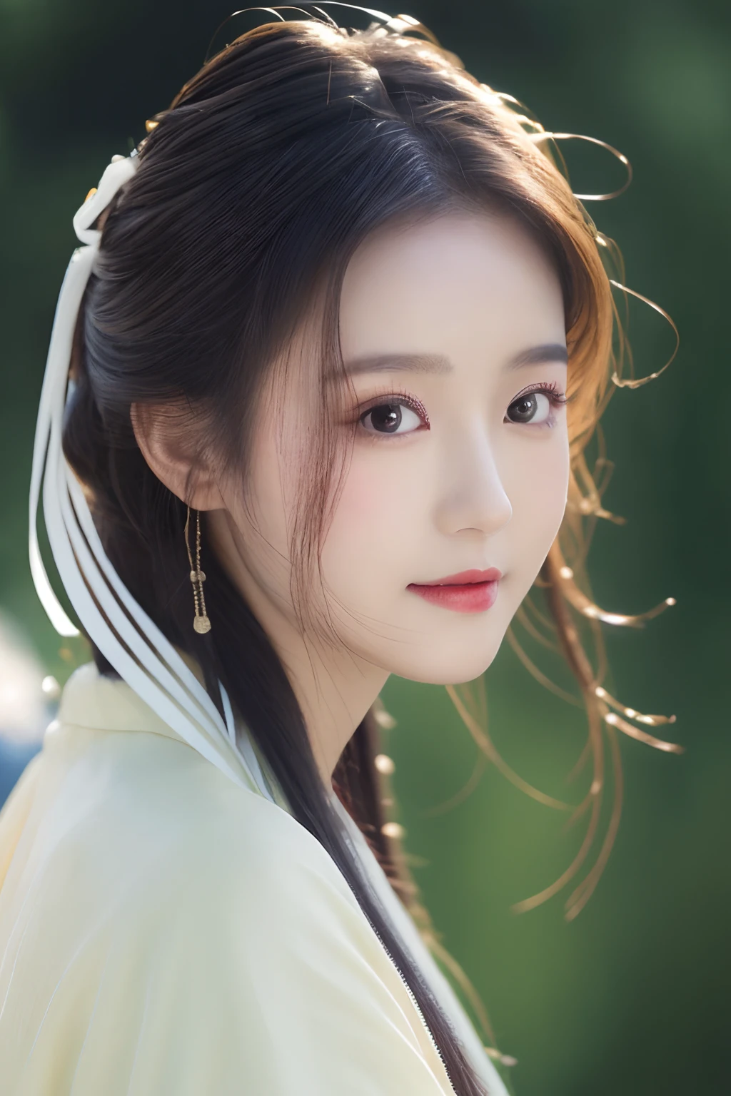 Best quality at best,tmasterpiece,超A high resolution,(photo-realistic:1.4),8K, RAW photogr, A high resolution, (((1girll, half-body portrait))), 独奏, Ancient Chinese Hanfu, Beautiful pattern, Embroidery, beautiful eyes in detail, long eyelasher, RAW photogr, face to the viewer, Close-up Shot Shot, ((( Landscape background))), The upper part of the body, ssmile, Beautiful hairstyle, ((No action))