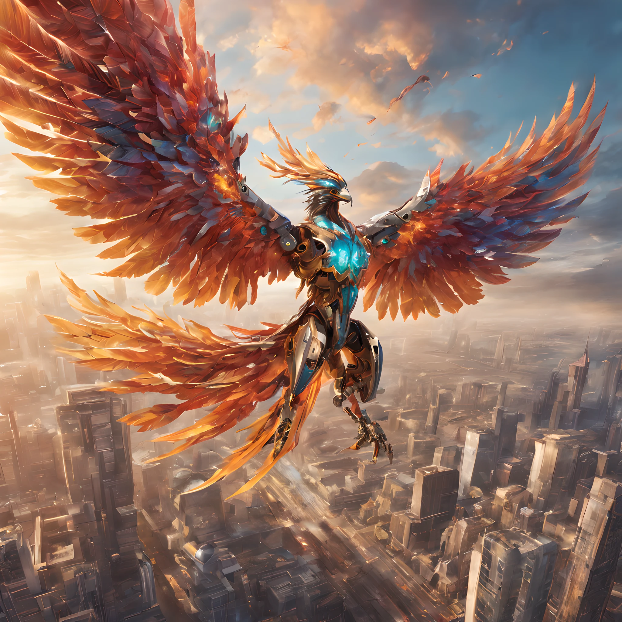 Composition: Begin with a striking composition that captures the essence of a phoenix reborn in the age of machinery. The layout should exude dynamism and strength, echoing the iconic imagery of cyborgs and mecha.

Phoenix: The central focus is the resplendent cyborg phoenix, its metallic feathers glistening with vibrant colors that evoke life and technology. Capture intricate details like the fusion of organic and mechanical elements, with Danbooru tags like "cyborg," "robotic," and "mechanical_feathers" to guide the imagery.

Background: The backdrop should depict a world transformed by technology, featuring a colossal, soaring robotic construct that dwarfs even the largest skyscrapers. The sky should be ablaze with energy, hinting at the grandeur of the robotic phoenix's flight.

Style: This artwork should seamlessly blend digital anime illustration with 3D CGI, resulting in a vivid and immersive experience. Employ advanced rendering techniques to ensure a high-resolution image, showcasing every nuance of the cybernetic phoenix's design and the futuristic world it inhabits.