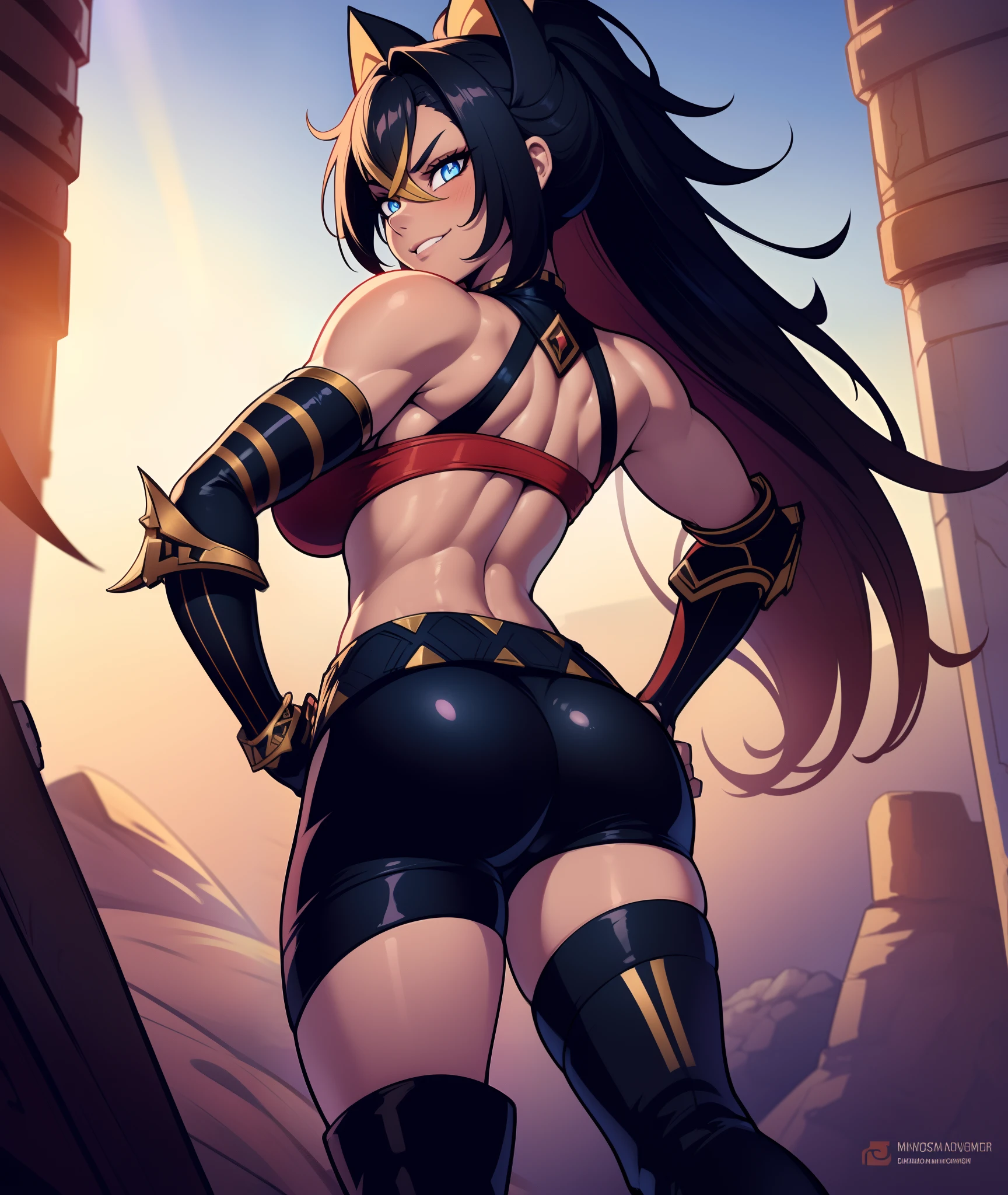 [dehya], [(genshin_impact)], ((masterpiece)), ((solo portrait)), ((back view)), ((cinematic lighting)), ((high quality)), ((HD)), ((anime)), ((detailed shading)), ((cinematic lighting)), ((intricate details)), {beautiful woman; beautiful eyes, (glowing light-blue pupils), long black hair gold highlights, (medium-sized boobs), (defined abs), (defined muscular legs), (defined arm muscles), (smug smirk), (white teeth)}, {(red and black top), black shorts, knee-high boots, gauntlets, leg straps, cat ears}, {(standing), (dynamic pose)}, [Background; (desert), (blue sky), (sun rays)]