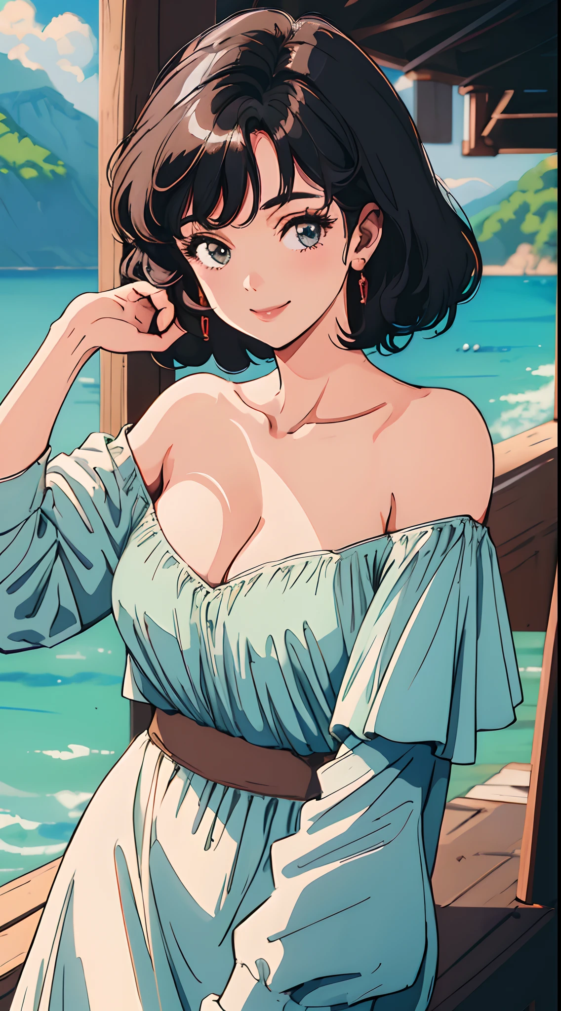 (Best quality, Masterpiece, A high resolution),1girll,Close-up shot，Super large breasts，Off-the-shoulder attire，cleavage，Solo,Short hair,Wavy hair,Smile,