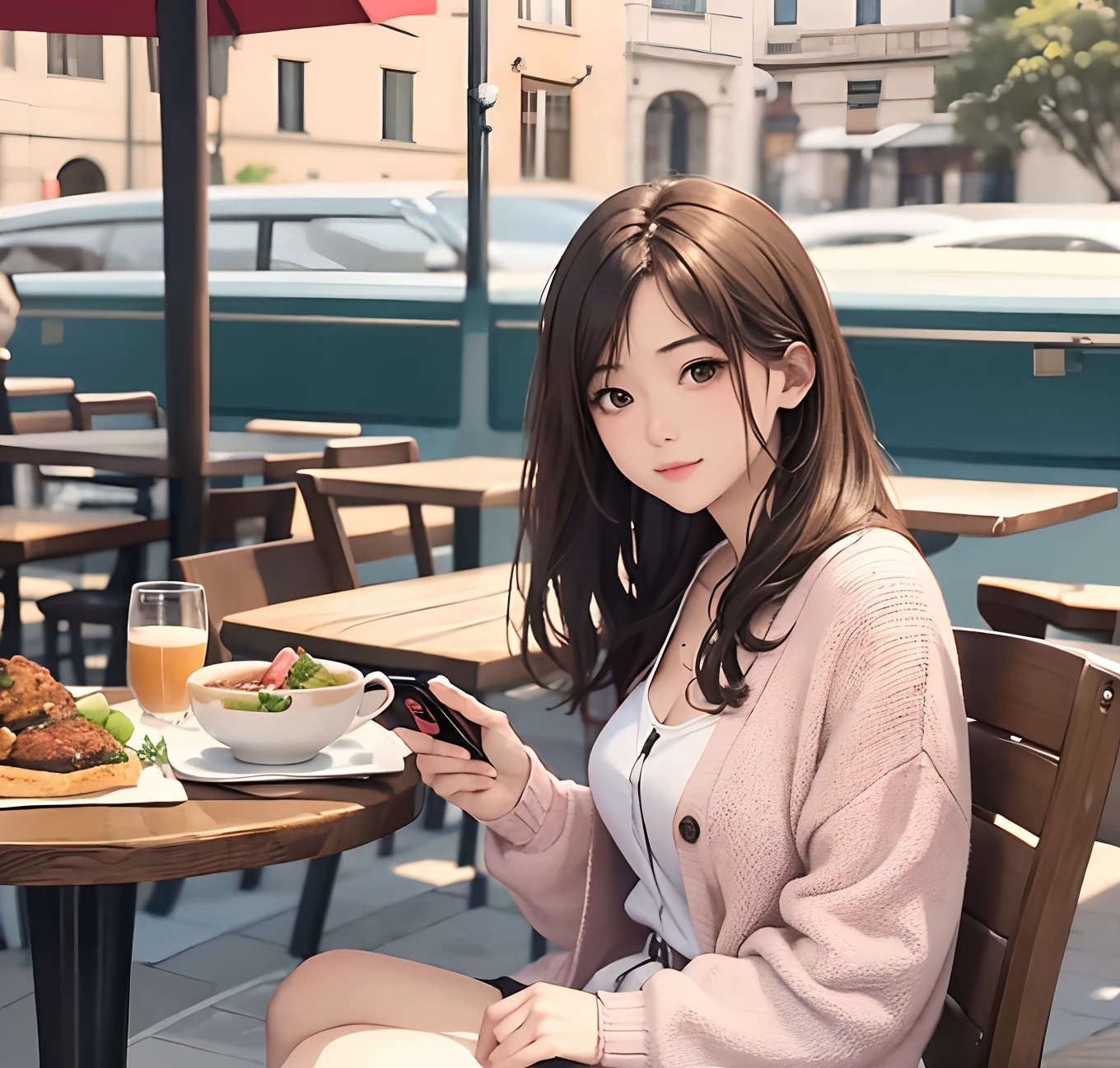 masuter piece, Best Quality, Realistic anime、8K Wallpapers, (beautidful eyes), ((Beautiful)), (lovely) ,(((1girl in))),23years old,((cafe terrace、Sit in front of the table、(Take a photo of food with your iPhone))、A lot of food on the table))、Soft light、（Brown hair long hair）、White skirt、Pink cardigan