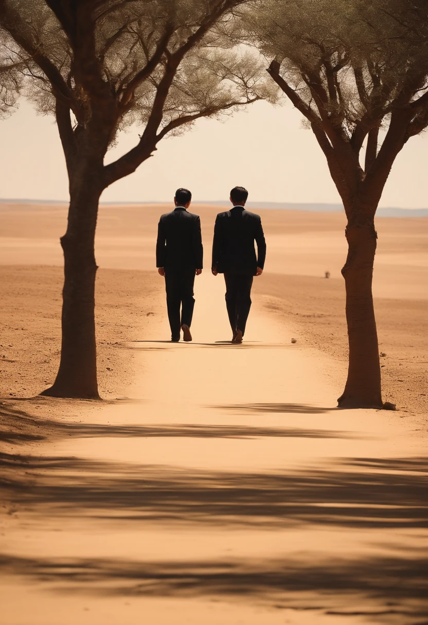 Two men in suits walking down a dirt road between two trees - SeaArt AI