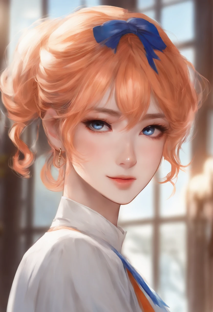 (yui_yuigahama) 1girl, flamboyant, in the style of sui ishida, tokyo ghoul, zoomed in on face, focused on face, blue highlights,looking at viewer, watercolor, aristocratic youth, short orange hair, light peach eyes, hair bun