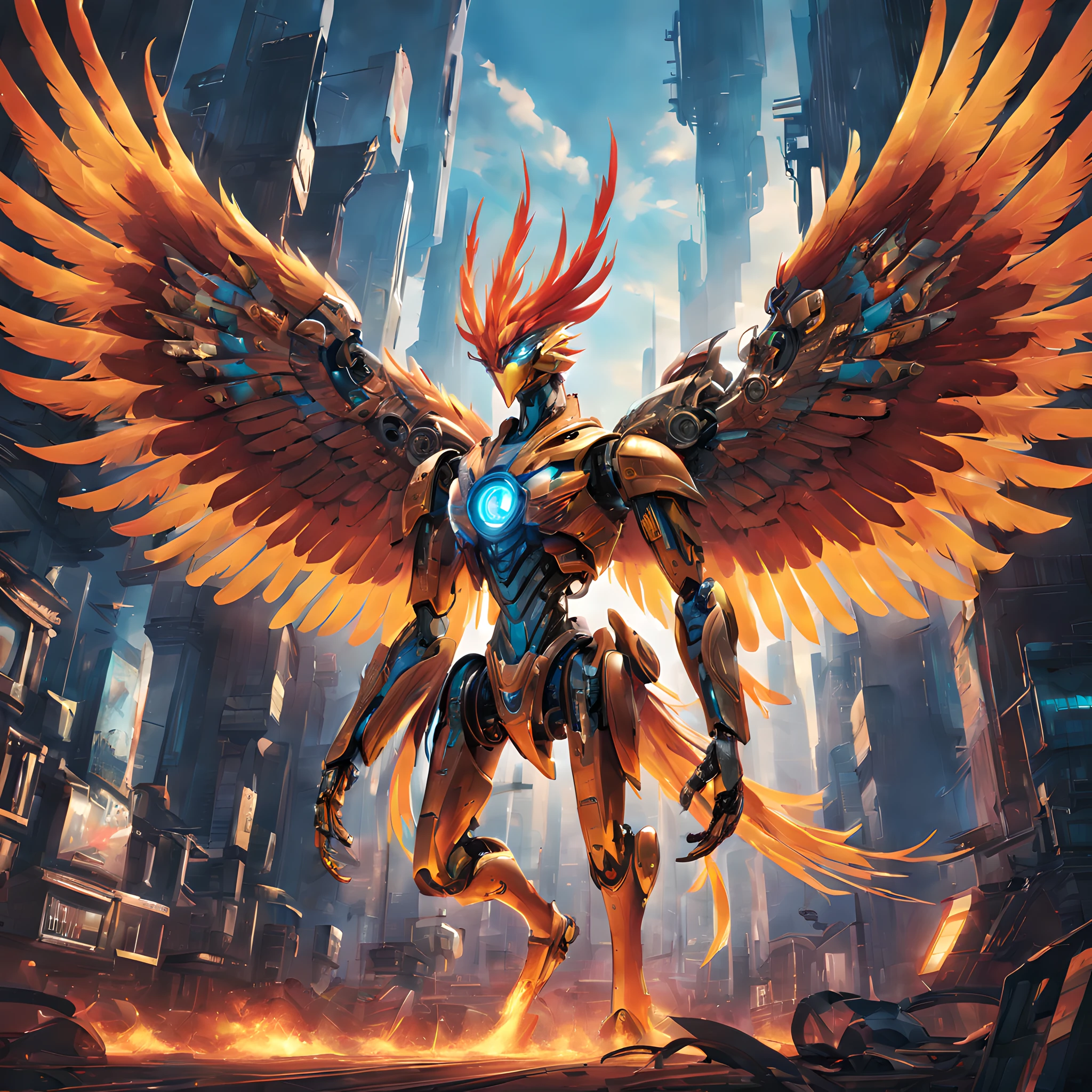 Composition: Begin with a striking composition that captures the essence of a phoenix reborn in the age of machinery. The layout should exude dynamism and strength, echoing the iconic imagery of cyborgs and mecha.

Phoenix: The central focus is the resplendent cyborg phoenix, its metallic feathers glistening with vibrant colors that evoke life and technology. Capture intricate details like the fusion of organic and mechanical elements, with Danbooru tags like "cyborg," "robotic," and "mechanical_feathers" to guide the imagery.

Background: The backdrop should depict a world transformed by technology, featuring a colossal, soaring robotic construct that dwarfs even the largest skyscrapers. The sky should be ablaze with energy, hinting at the grandeur of the robotic phoenix's flight.

Style: This artwork should seamlessly blend digital anime illustration with 3D CGI, resulting in a vivid and immersive experience. Employ advanced rendering techniques to ensure a high-resolution image, showcasing every nuance of the cybernetic phoenix's design and the futuristic world it inhabits.