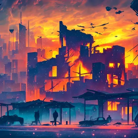 collapse buildings, ruined city, burning sky, doomsday, meteor, (masterpiece,detailed,highres),