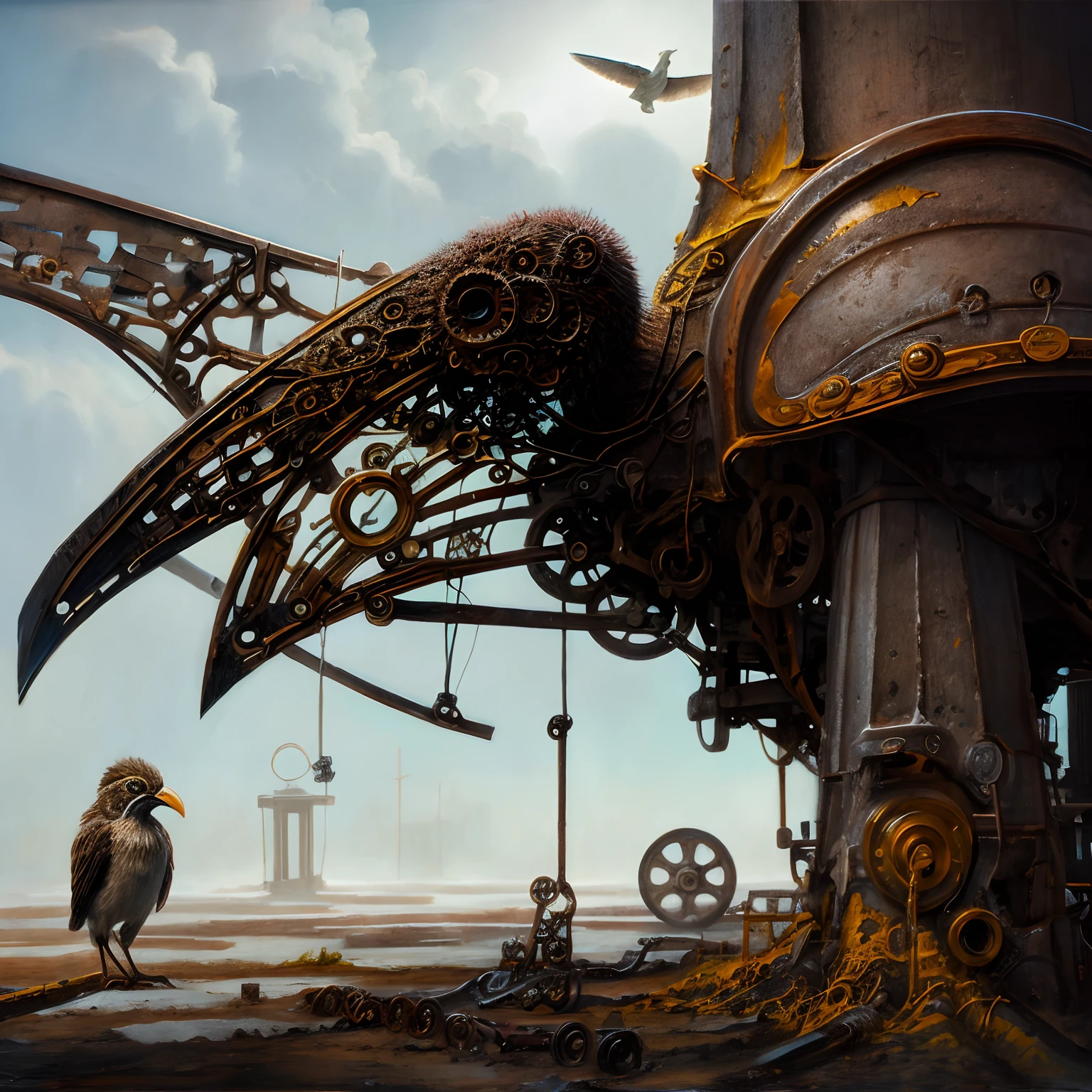 Enter the realm of imagination with this conceptual photograph，Among them is a mechanical bird that is very similar to a bird. Sin embargo, Its exposed internal parts reveal a mesmerizing network of gears, spring, and intricate mechanisms. The composition utilizes a combination of close-up and wide-angle lenses, Show the realistic appearance and fascinating inner workings of the bird. Famous concept photographer Eric Johnson（Erik Johansson）The fusion of nature and technology is subtly captured in this captivating photo，BugattiAI，Dark, terrifying, fantastical, post-apocalyptic art Dariusz Zawazki