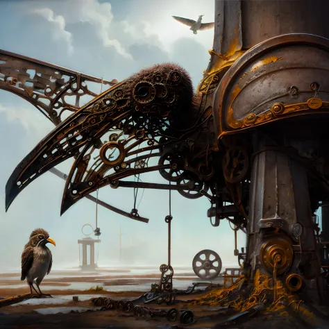 enter the realm of imagination with this conceptual photograph，among them is a mechanical bird that is very similar to a bird. s...