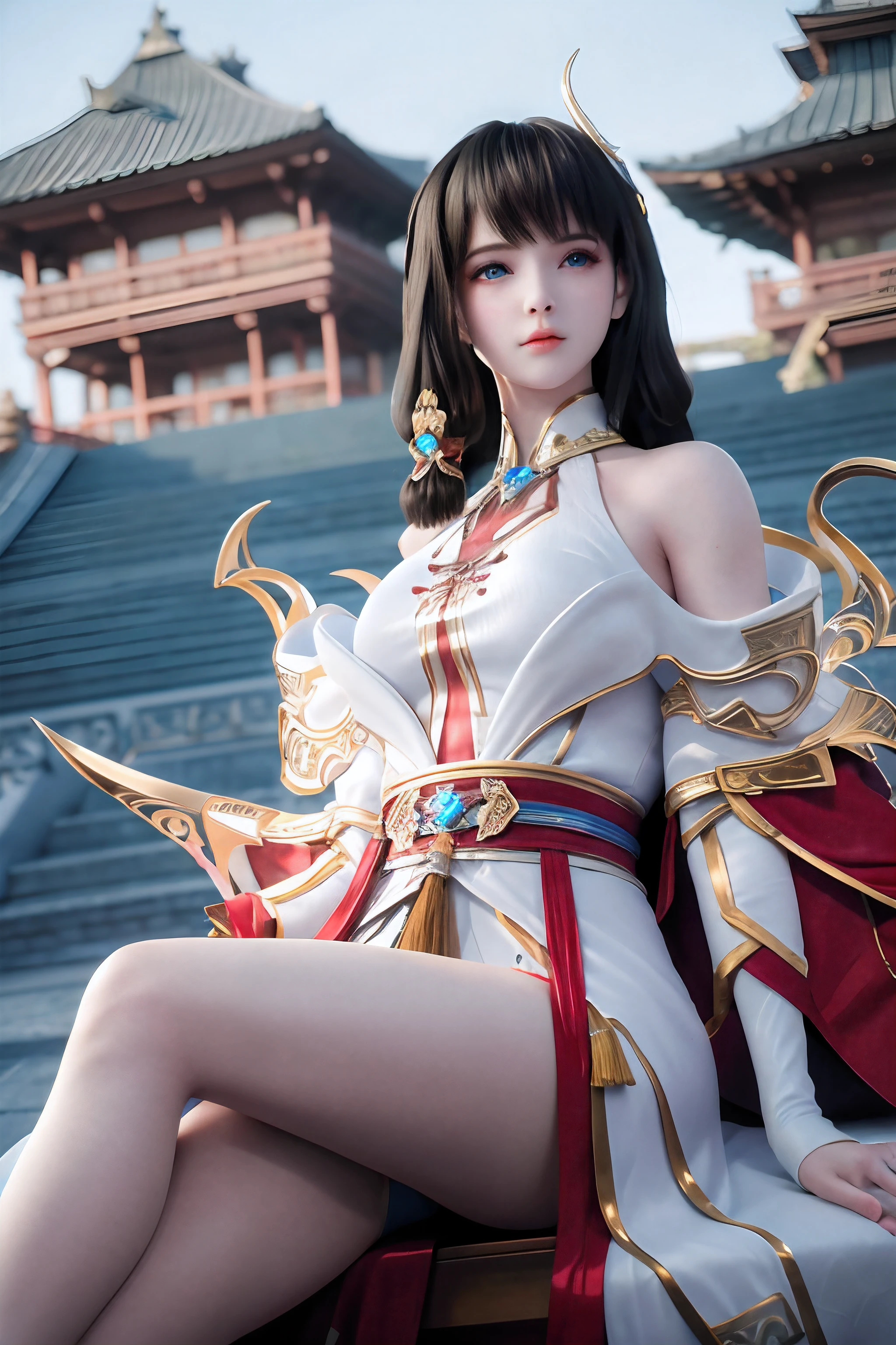 (8k, RAW photo, best quality, masterpiece:1.2),(realistic, photo-realistic:1.4), ultra-detailed, extremely detailed cg 8k wallpaper,(crystalstexture skin:1.2), (extremely delicate and beautiful),
1girl,solo,black hair,  long hair, blue eyes, closed mouth, hair ornament, bare shoulders, detached sleeves,big breasts, white dress,leaning forward,  on the chair, full body, crossing legs,