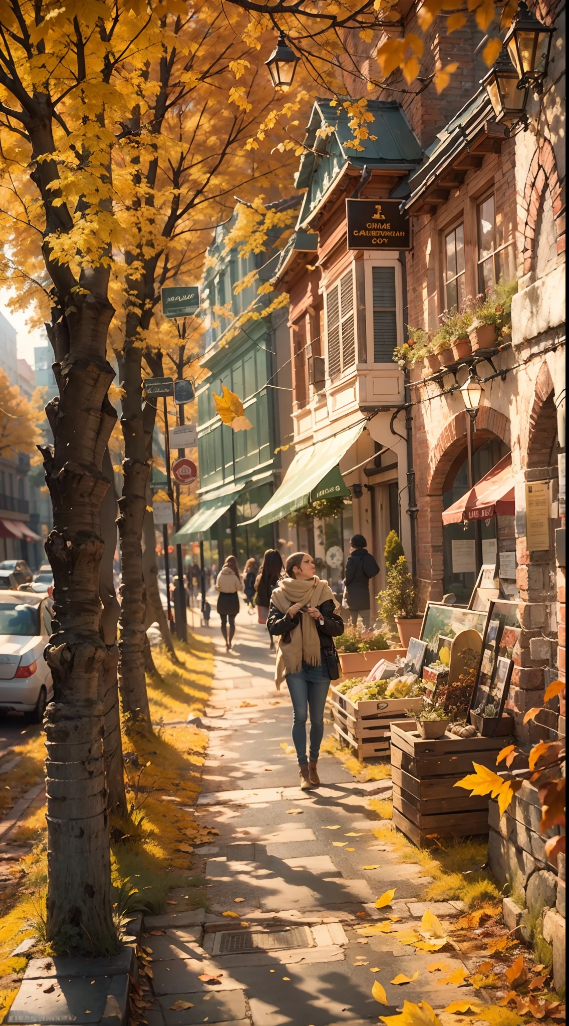 (Best quality,4K,8K,A high resolution,Masterpiece:1.2),(paper art:1.2，The art of paper:1.3)，Ultra-detailed,(Realistic,Photorealistic,photo-realistic:1.37),Autumn Street,illustration,Beautiful autumn colors,Vibrant foliage on sidewalks and streets,Cozy atmosphere,Fresh air,People strolling on the sidewalk,Warm golden sunlight pours down through the trees,Seasonal décor adds charm and warmth,The leaf-covered ground crunched under the sound of footsteps,Nostalgic architecture with intricate details,Narrow cobbled streets wind through the city,Historic building with colorful facades,Bustling café，Outdoor seating available,People enjoy hot drinks and chat,Fallen leaves swirl in the breeze,Soft shadows cast by trees,Picturesque town square，There is a majestic fountain,The leaves float gently in the water,Fallen leaves form a natural carpet,The artist captures the scene on canvas,The autumn fragrance of cinnamon and baked goods wafts from a nearby bakery,Endless trees in blooming autumn splendor,leaves rustling in the wind,Autumn Fashion，Wear yours with a cosy scarf and jacket,People stop to photograph the picturesque landscape,Children playing in piles of leaves,Autumn harvest displayed at the local market,Spontaneous street performances spread joy and laughter,Friendly smile and warm greeting,Fallen leaves dance in the sun,a peaceful and serene atmosphere,Enjoy the tranquility of bright colors,The magical atmosphere that captures the essence of autumn.