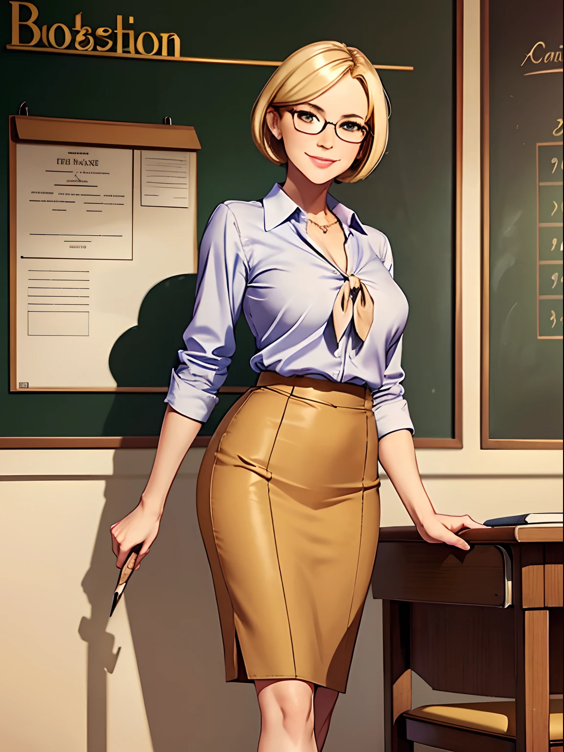masterpiece, best quality, 1woman, blonde hair, mature woman, short hair, bob hair, tied-up hair, comma hair, hazel eyes, beautiful detailed eyes, teacher, pencil skirt, blouse, shoes, glasses, standing, stand, school backdrop, smile, full body shot, cowboy shot, daytime, perfect anatomy, solo