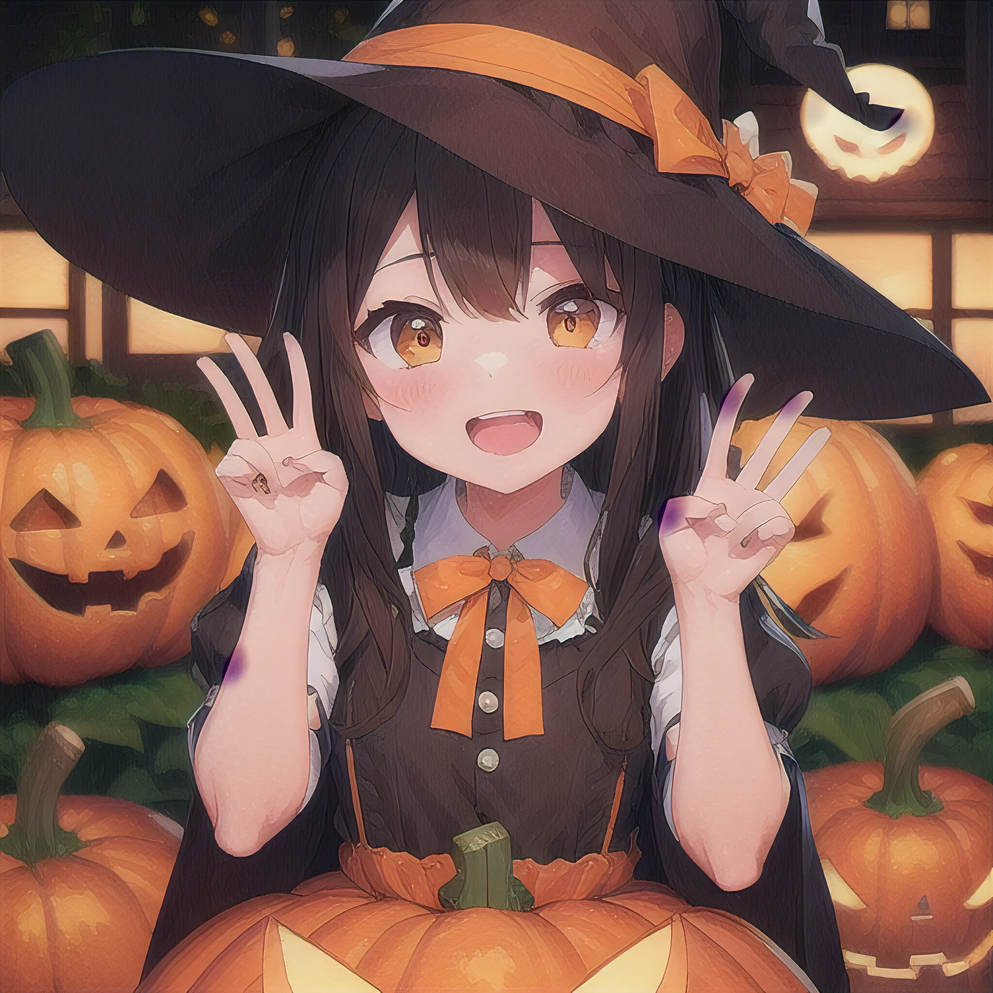 masterpiece, best quality, ultra-detailed

1girl, black hair, black pointy hat, wearing a witch costume, open mouth, super smile, ghost pose, cute bat, 

Trick or Treat!!

Performance that surprises opponents, prank, boo!!

A pile of big orange pumpkins in the background, big orange pumpkin, jack o lantern

《close to face》