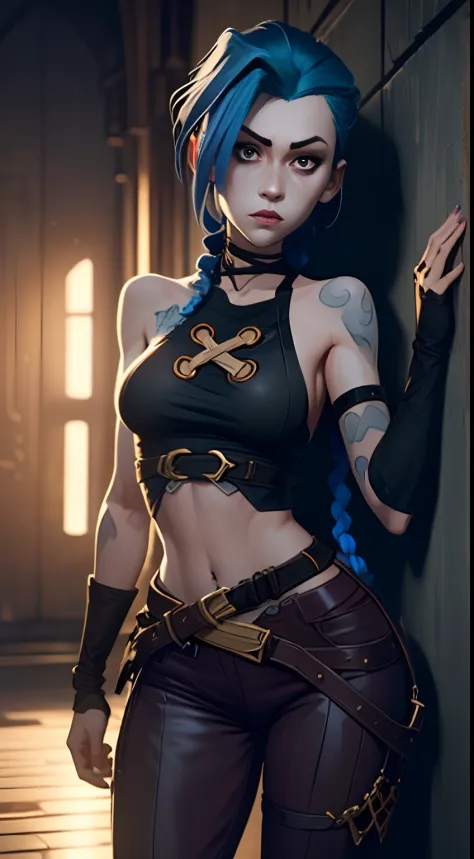 Jinx's character design, Dynamic movements, lying naked on her back, bare breast, covers the chest with his hands, Swollen , butt, kitty, sexypose, Beautiful figure, Arcane's Jinx, Bright blue and purple sparks all around, glowing eyes, Pink glowing eyes, ...