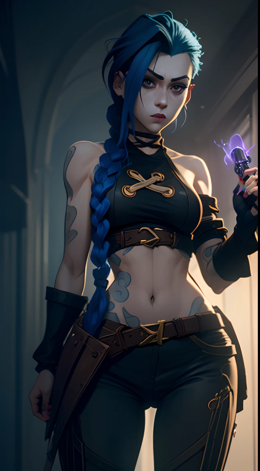 Jinx's character design, Dynamic movements, lying naked on her back, bare breast, covers the chest with his hands, Swollen , butt, kitty, sexypose, Beautiful figure, Arcane's Jinx, Bright blue and purple sparks all around, glowing eyes, Pink glowing eyes, hairlong, hairsh, braided into long braids, Pigtails hang below the knee, Hair color changes from bright blue to navy blue, Dressed in brown breeches, Leather boots on the feet, Top with four gold circles on the chest in the middle of the chest, Blue cloud tattoos on shoulders and waist, Long bangs, hanging on the right side, Belt with cartridges on the belt, Arcane style, extremely detailed CG unity 8k wallpaper, detailed light, Cinematic lighting, chromatic aberration, glittering, expressionless, epic composition, dark in the background, Cherecter Desing, Very detailed, Detailed body, Vibrants, Detailed Face, sharp-focus, anime art, Vibrants, Detailed Face, Hugh Details, sharp-focus, Very drooping face, A detailed eye, super fine illustration, better shadow, finely detail, Beautiful detailed glow, Beautiful detailed, Extremely detailed, expressionless, epic composition,