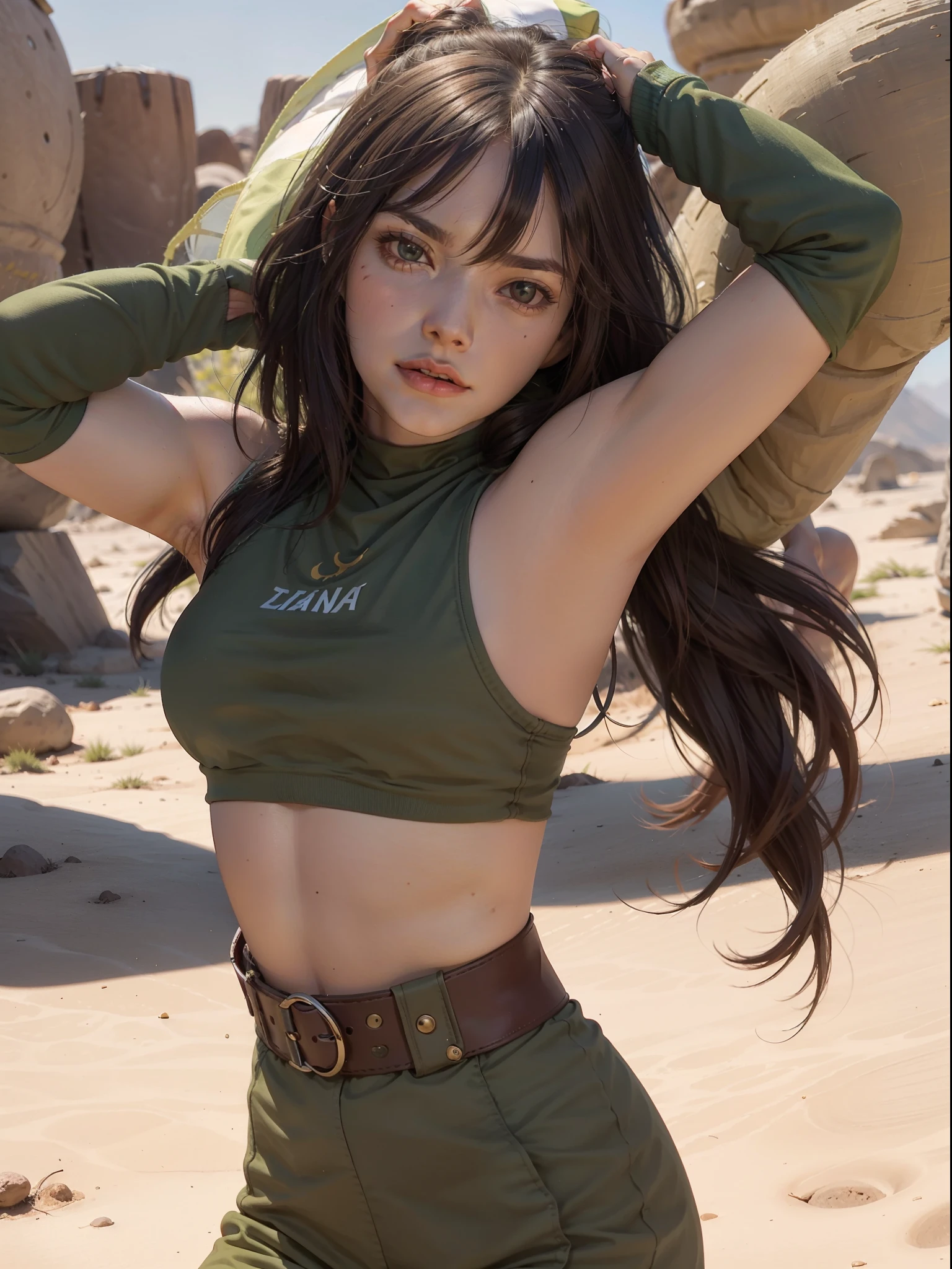 a woman poses in a desert area, time traveling bloodthirsty gunwoman, muscle girl, green uniform, gorgeous female, a sexy brunette warrior, (anna faris:1.3), cool scars, facial expression (crazed:1.2)