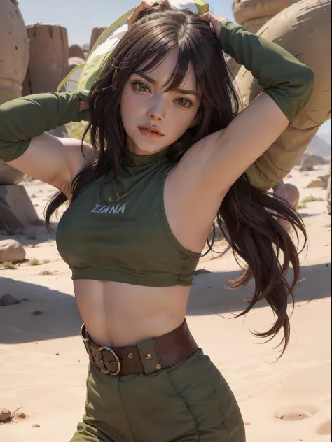 a woman poses in a desert area, time traveling bloodthirsty gunwoman, muscle girl, green uniform, gorgeous female, a sexy brunet...