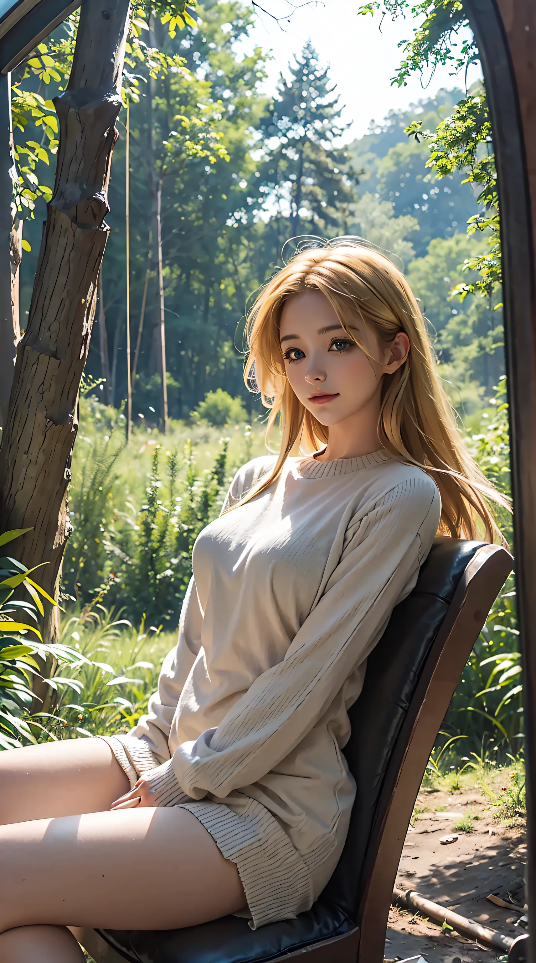 masterpiece, best quality, , 1girl, solo, looking at viewer, , depth of field, asia_argento, blonde hair, green eyes, sitting on a log, beautiful, beautiful woman, perfect body, perfect breasts , wearing a sweater, in the forest, camping, camping tent, trees, night, evening, campfire, looking at the viewer, a slight smile, realism, masterpiece, textured leather, super detail, high detail, high quality, best quality, 1080p , 16k