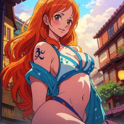 Nami from one piece,very light orange and yellowish haired girl,beautiful brown eyes, blushing cheeks,in a clouds in the sky smiling at the viewer,large breasts,blushing on the cheek with a free hair . She should be wearing a ancient greek clothes outfit.T...