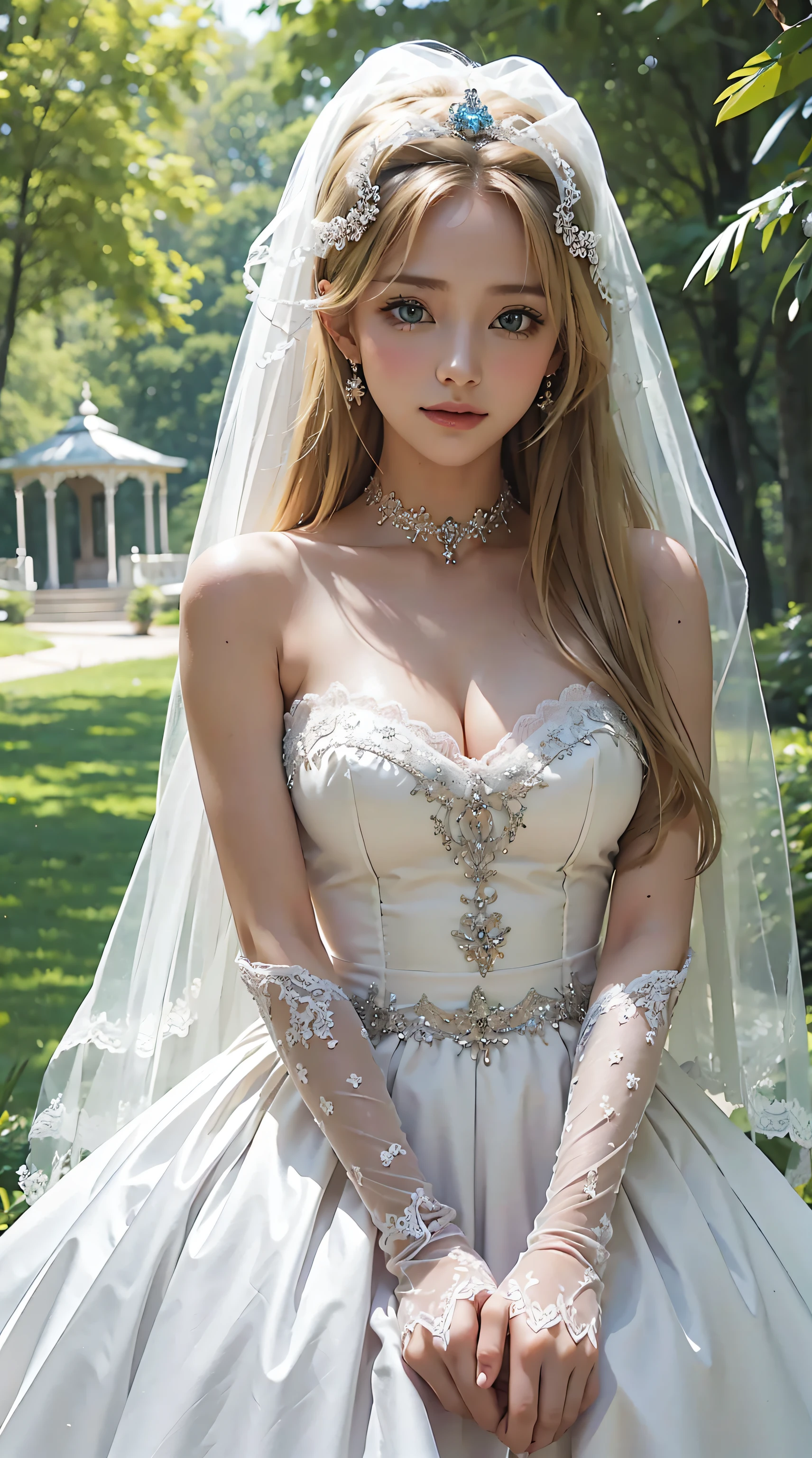 masterpiece, best quality, , 1girl, solo, looking at viewer, , depth of field, asia_argento, blonde hair, green eyes, gloves, dress, cleavage, bare shoulders, collarbone, elbow gloves, white gloves, white dress, strapless, tiara, veil, strapless dress, wedding dress, bridal veil, beautiful woman, perfect body, perfect breasts, wearing a wedding dress, ball gown, in the garden of trees, wedding decorations, looking at the audience, a little smile , realism, masterpiece, textured skin, super detail, high detail, high quality, best quality, 1080p, 16k