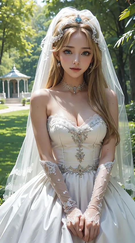 masterpiece, best quality, , 1girl, solo, looking at viewer, , depth of field, asia_argento, blonde hair, green eyes, gloves, dress, cleavage, bare shoulders, collarbone, elbow gloves, white gloves, white dress, strapless, tiara, veil, strapless dress, wed...