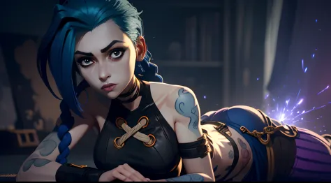 Jinx's character design, Dynamic movements, lying naked on her back, bare breast, covers the chest with his hands, Swollen , butt, kitty, sexypose, Beautiful figure, Arcane's Jinx, Bright blue and purple sparks all around, glowing eyes, Pink glowing eyes, ...