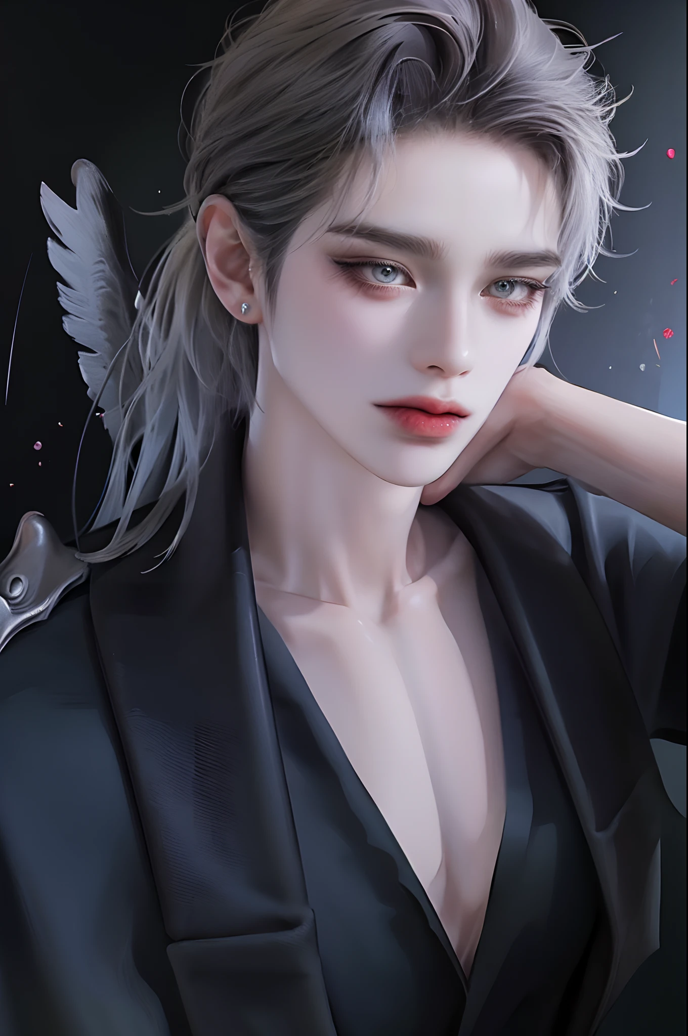 ((4K works))、​masterpiece、（top-quality)、((high-level image quality))、((one beautiful women))、Slim body、((Black Y Shirt Fashion))、(Detailed beautiful eyes)、Crow on fantastic city background、((Face similar to Chaewon in Ruseraphim))、((shoulder-length hair))、((bright silver hair))、((Smaller face))、((Neutral face))、((Light blue eyes))、((Korean Women))、((18year old))、((Wild Lady))、((Wild look))、((Show your fangs and laugh))、((Korean makeup with black eyeshadow))、((elongated and sharp eyes))、((Shot alone))、((Fallen Angel))、((Fallen Angel Woman))、Photos of fallen angels、Villain、((amazing photo))、Photographed so that the whole body can be seen、horor、((There is a crow on the right shoulder))、Dark Proof、((Shot diagonally from the side))