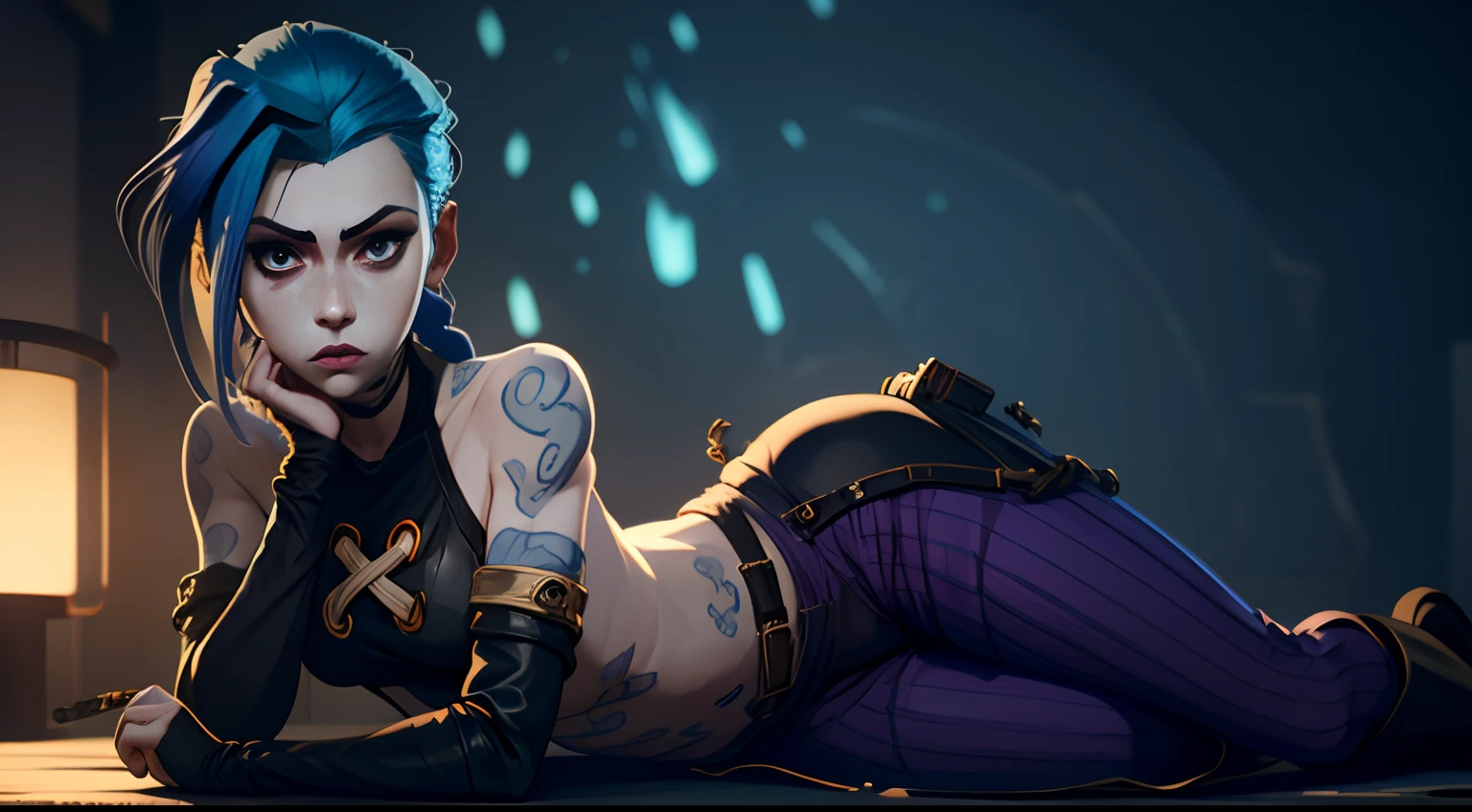 A woman with blue hair and tattoos laying on a table - SeaArt AI